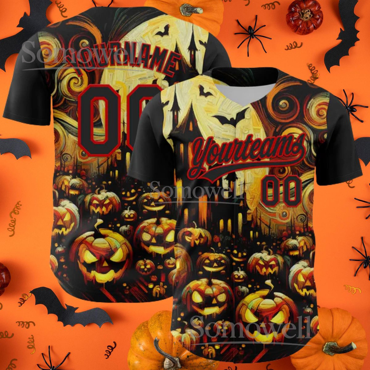 Custom Black and Red 3D Halloween Baseball Jersey with Personalized Name and Number, Haunting Halloween Theme