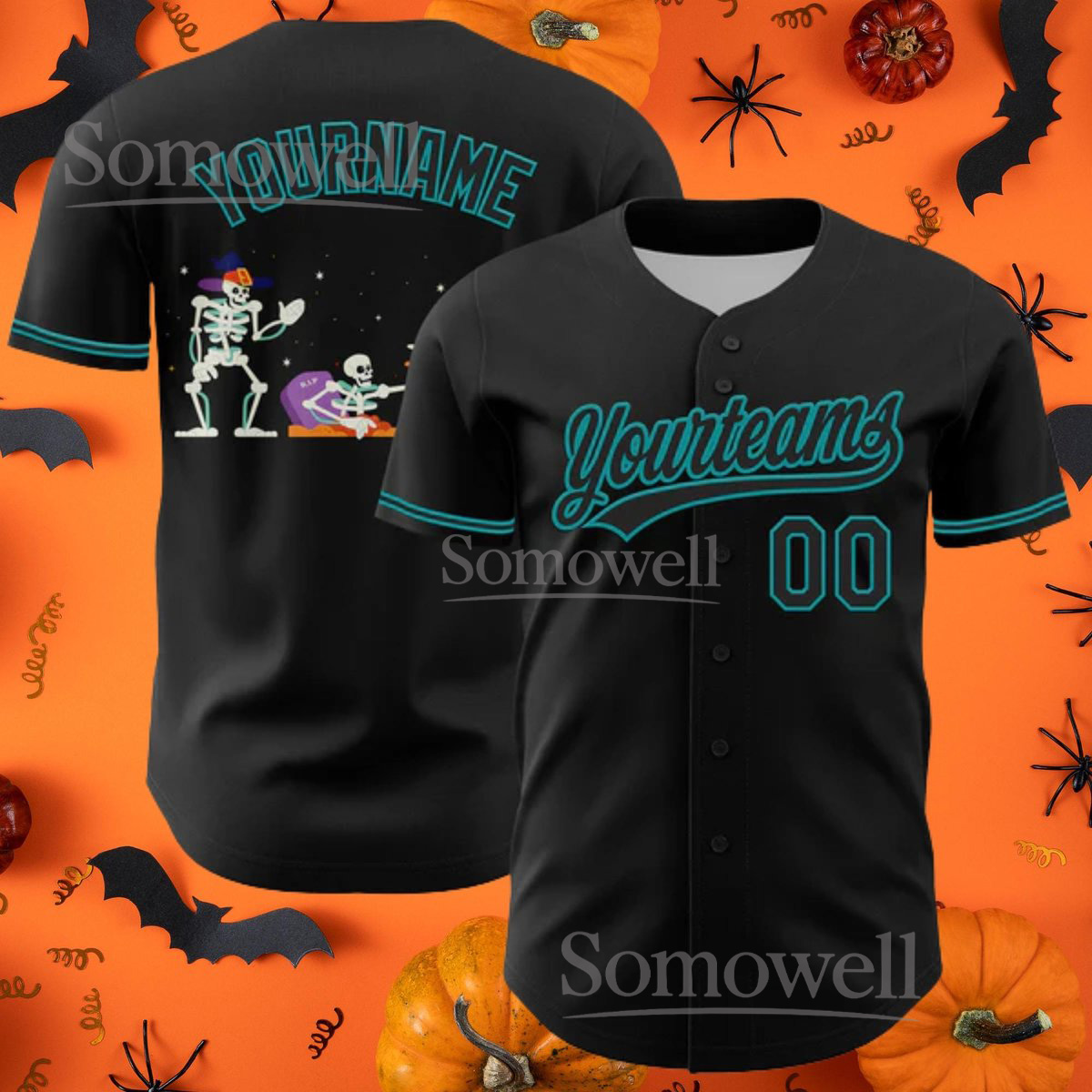 Custom Black Teal 3D Halloween Baseball Jersey, Personalized Name and Number