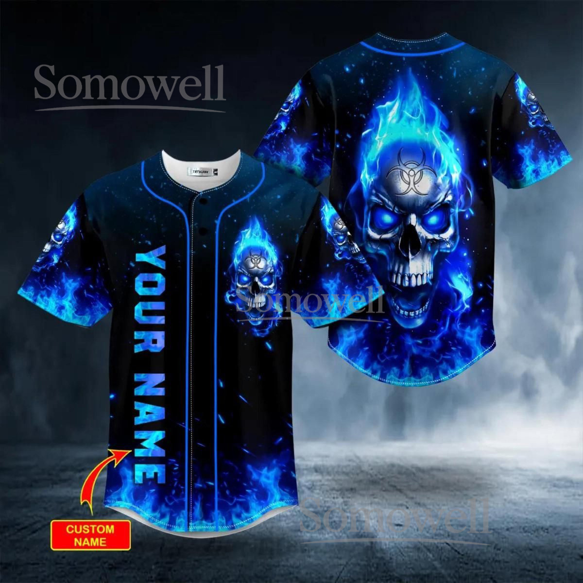 Custom Blue Flame Skull Baseball Jersey Gothic Streetwear Design with Custom Team Name and Number