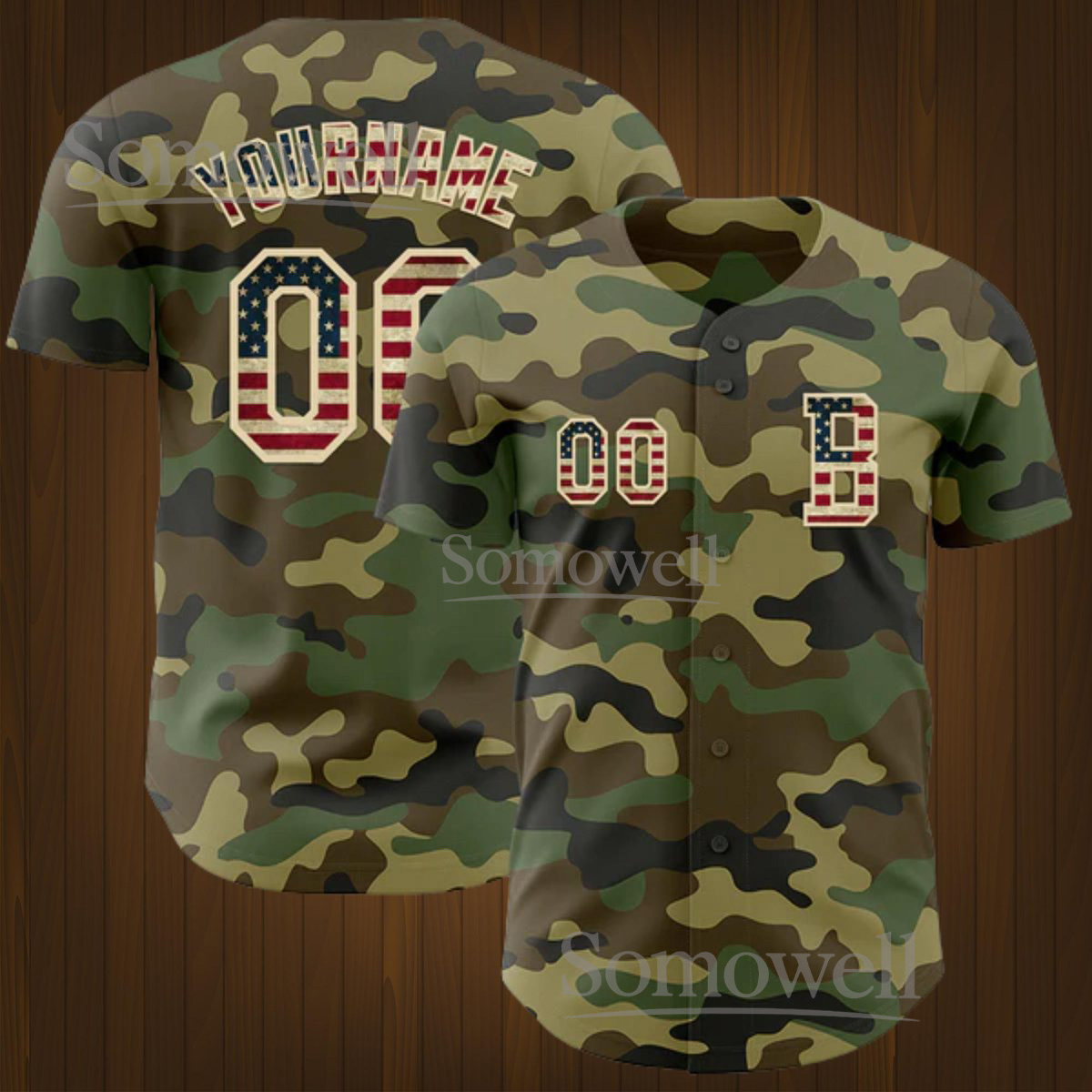 Personalized Camo Baseball Jersey with American Flag Design and Custom Lettering