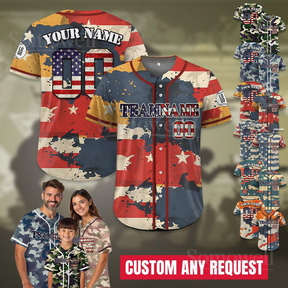 Custom American Flag Camo Baseball Jersey Personalized Team Name Number Patriotic Family Matching Outfit Multi Color Edition