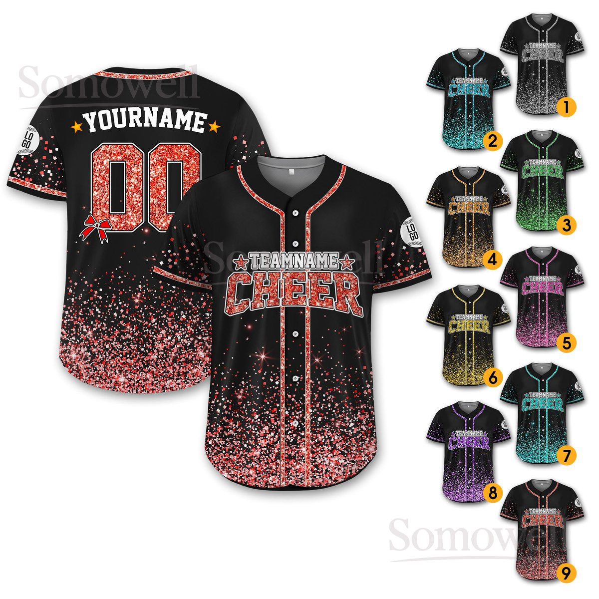 Custom Cheer Baseball Jersey Sparkle Glitter Design Personalized Team Name and Number for All Ages