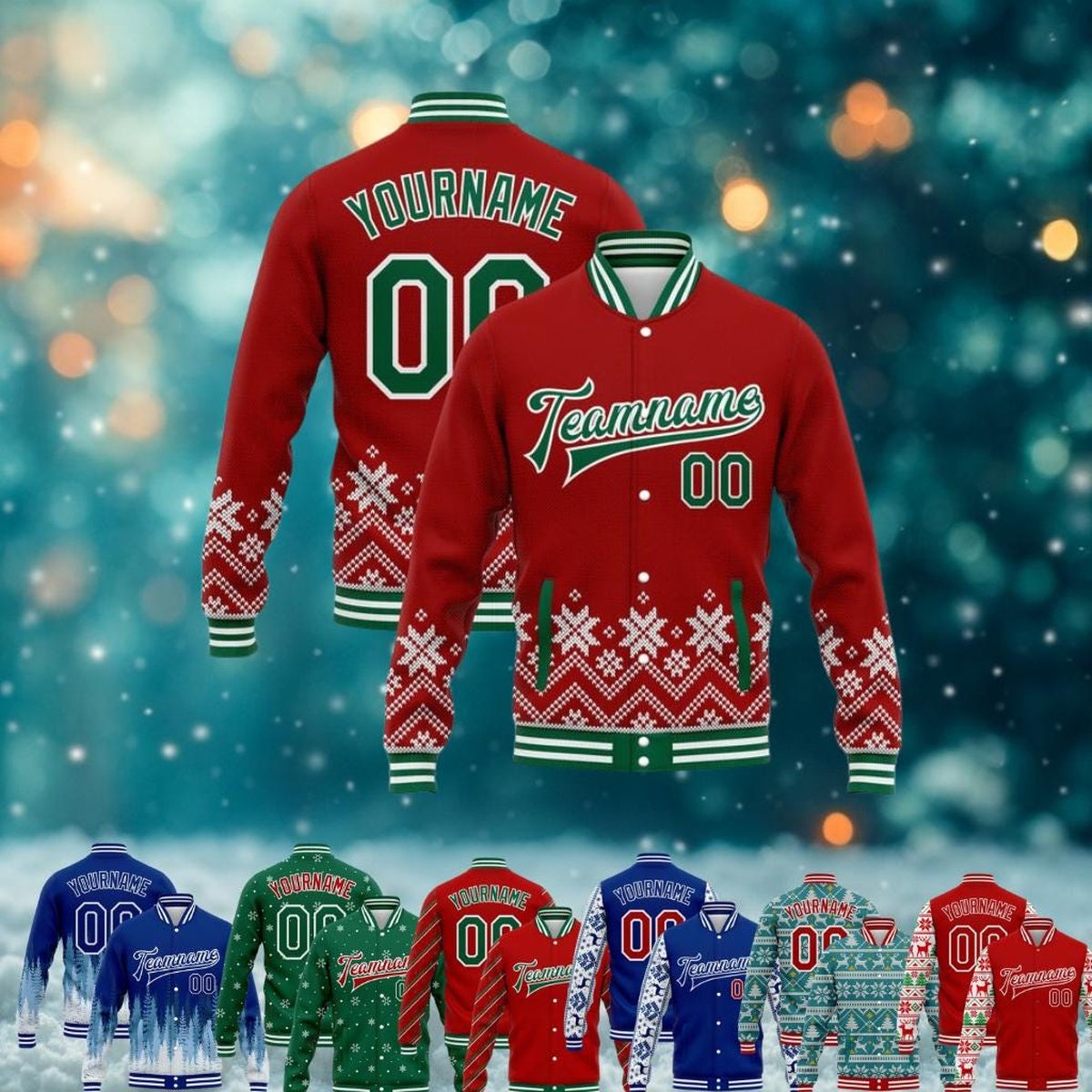 Custom Christmas Varsity Jacket With Name and Number Personalized Holiday Bomber Gift