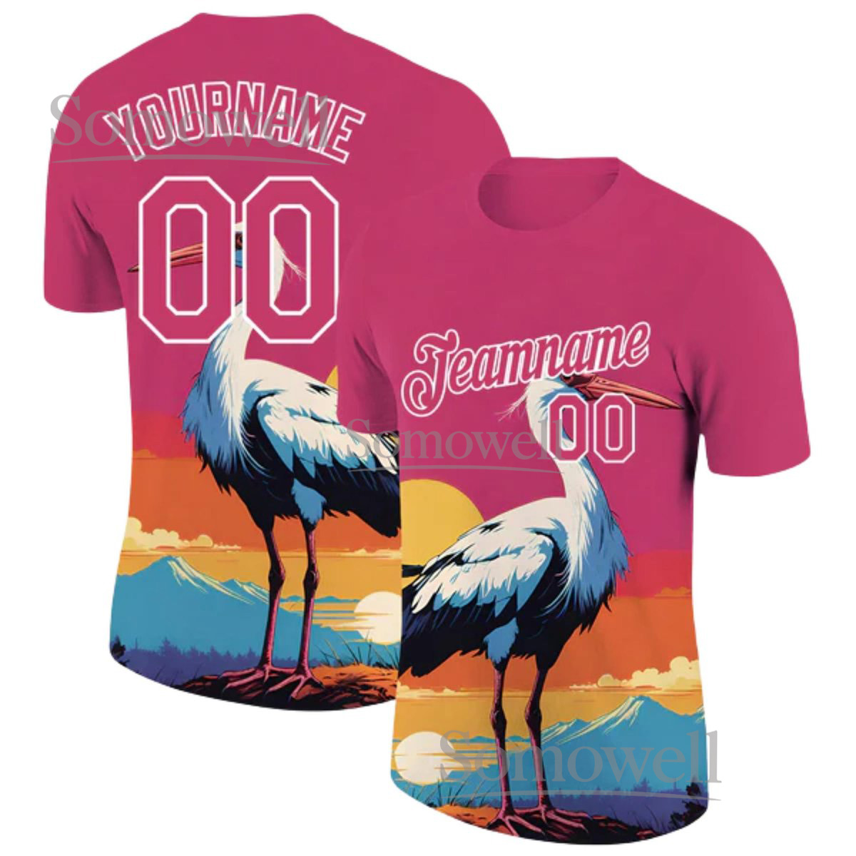 Custom Crane Jersey T Shirt Pink Sunset Mountain Japanese Art Design with Personalized Team Name and Number