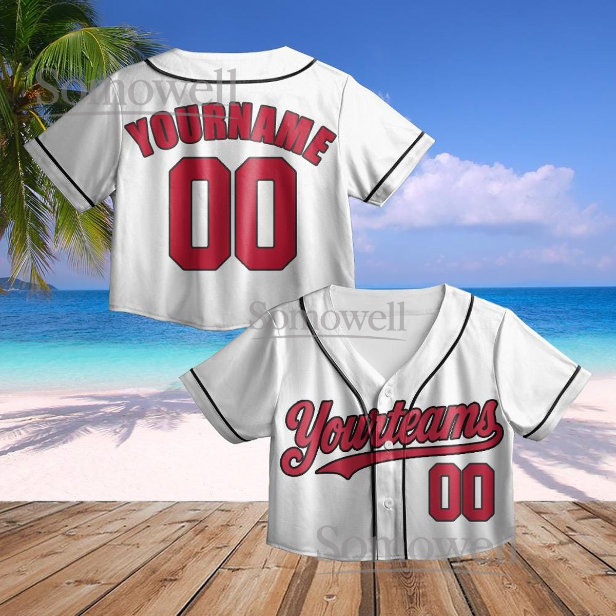 Custom Crop Baseball Jersey White Red Trim Personalized Team Name Number Women Short Shirt