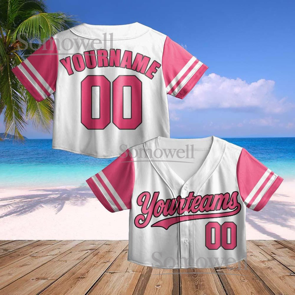 Custom Crop Baseball Jersey White Pink Sleeve Personalized Team Name Number Women Shirt