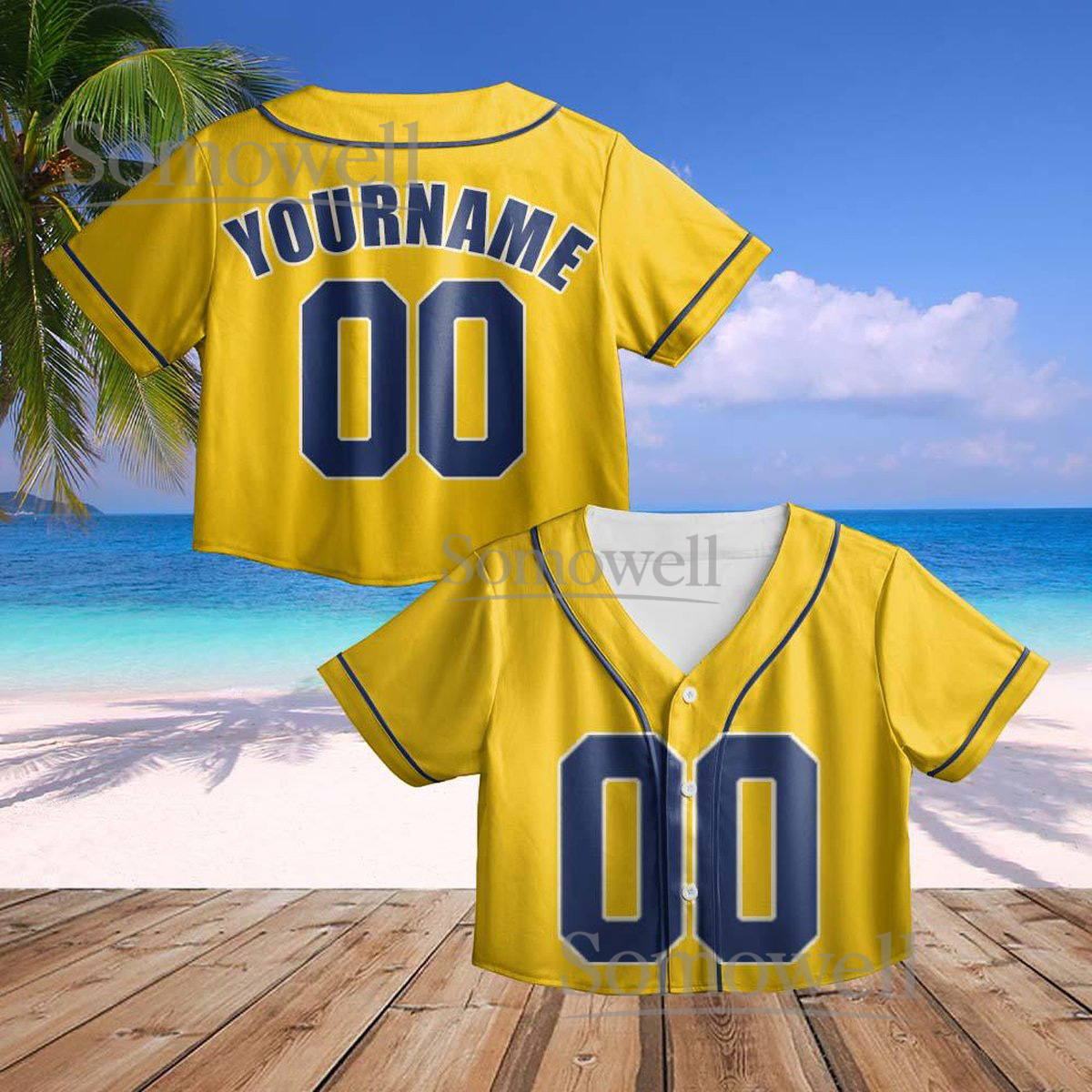 Custom Crop Baseball Jersey Yellow Blue Trim Personalized Team Name Number Women Short Shirt