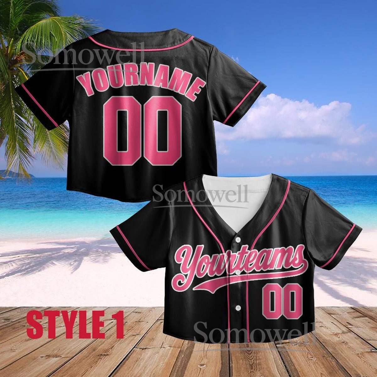 Custom Crop Baseball Jersey Black Pink Trim Personalized Team Name Number Women Short Shirt