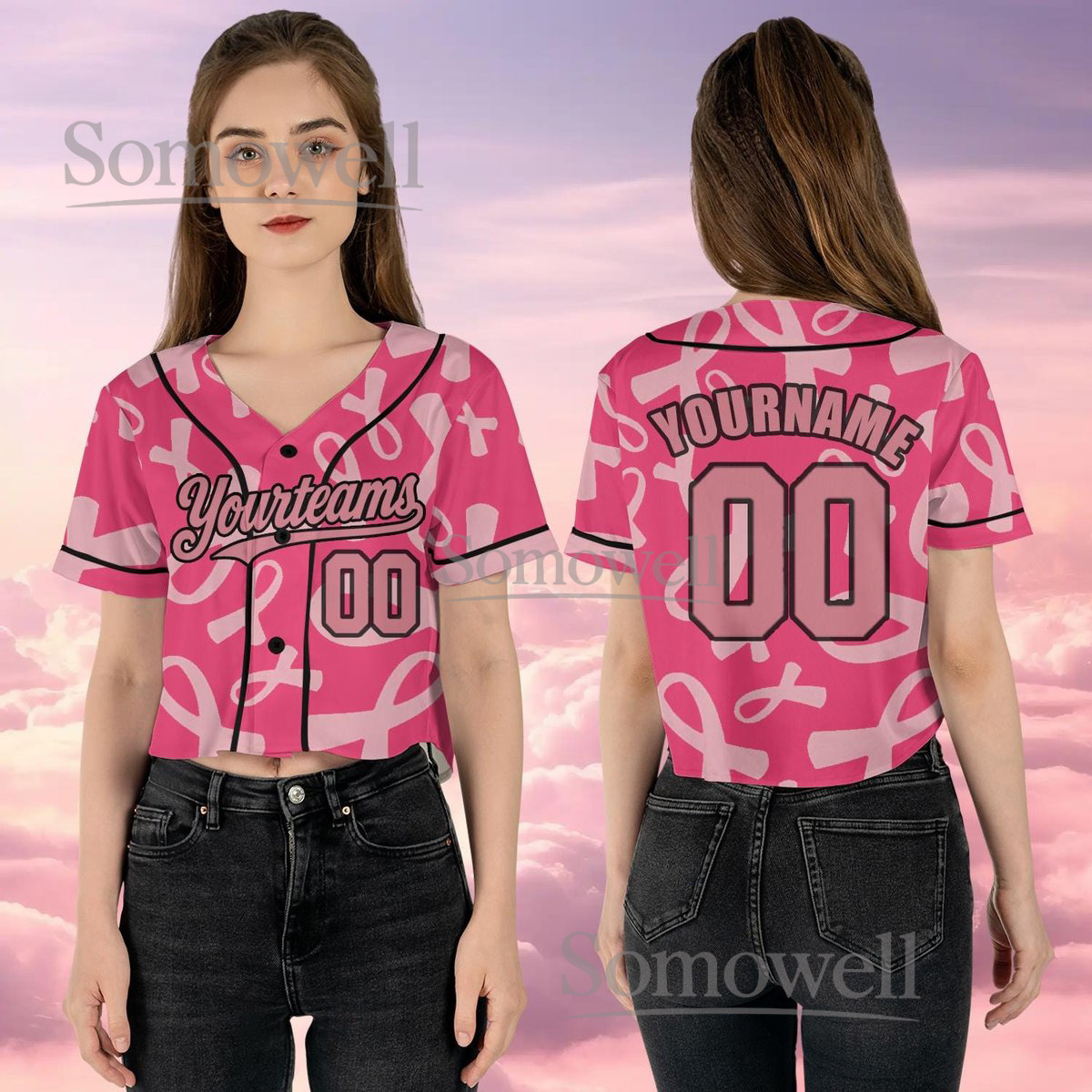 Custom Crop Pink Ribbon Baseball Jersey with Team Name and Number for Breast Cancer Awareness and Support