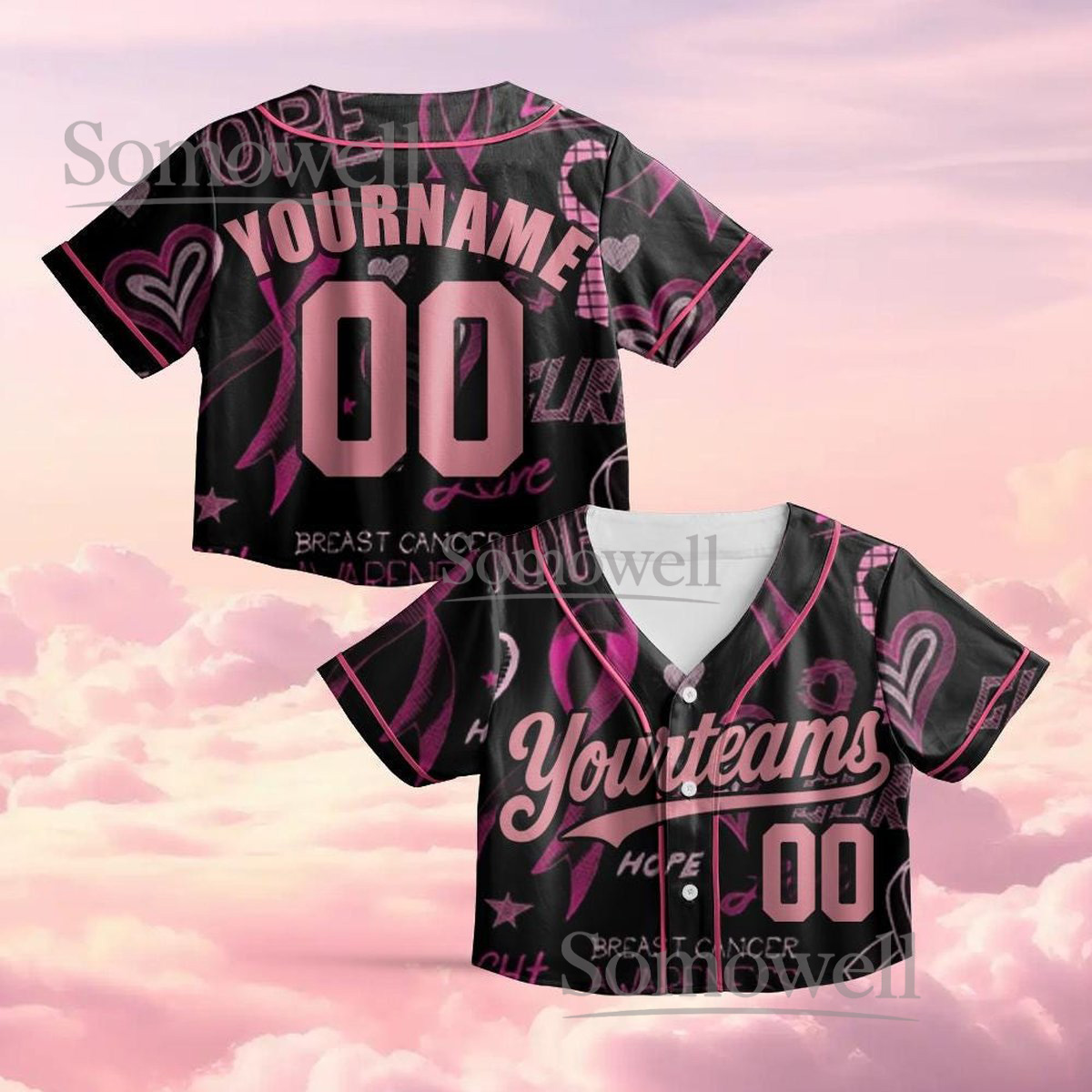 Custom Crop Pink Ribbon Baseball Jersey with Team Name and Number for Breast Cancer Awareness Campaign