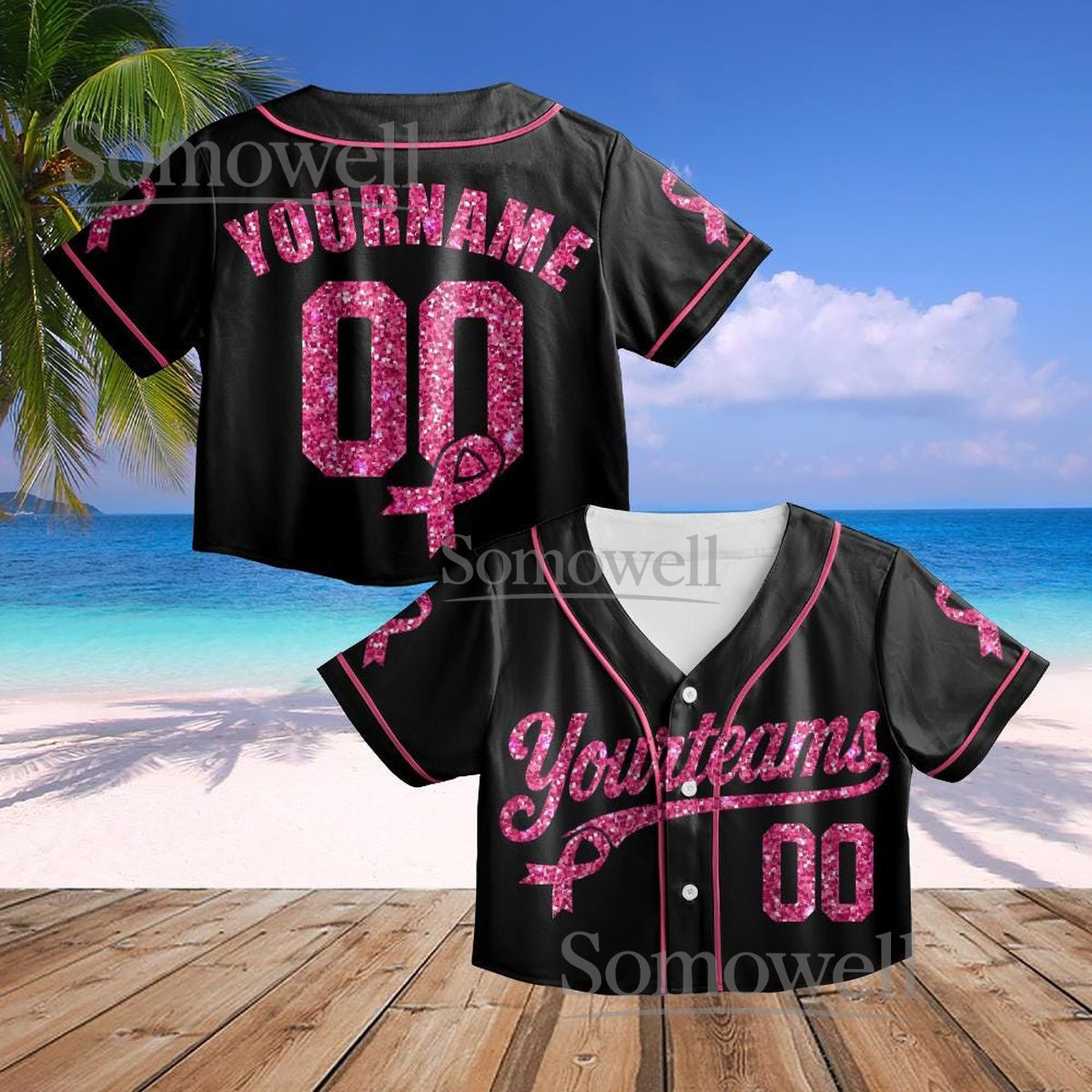Personalized Pink Ribbon Breast Cancer Awareness Crop Baseball Jersey with Custom Team Name and Number
