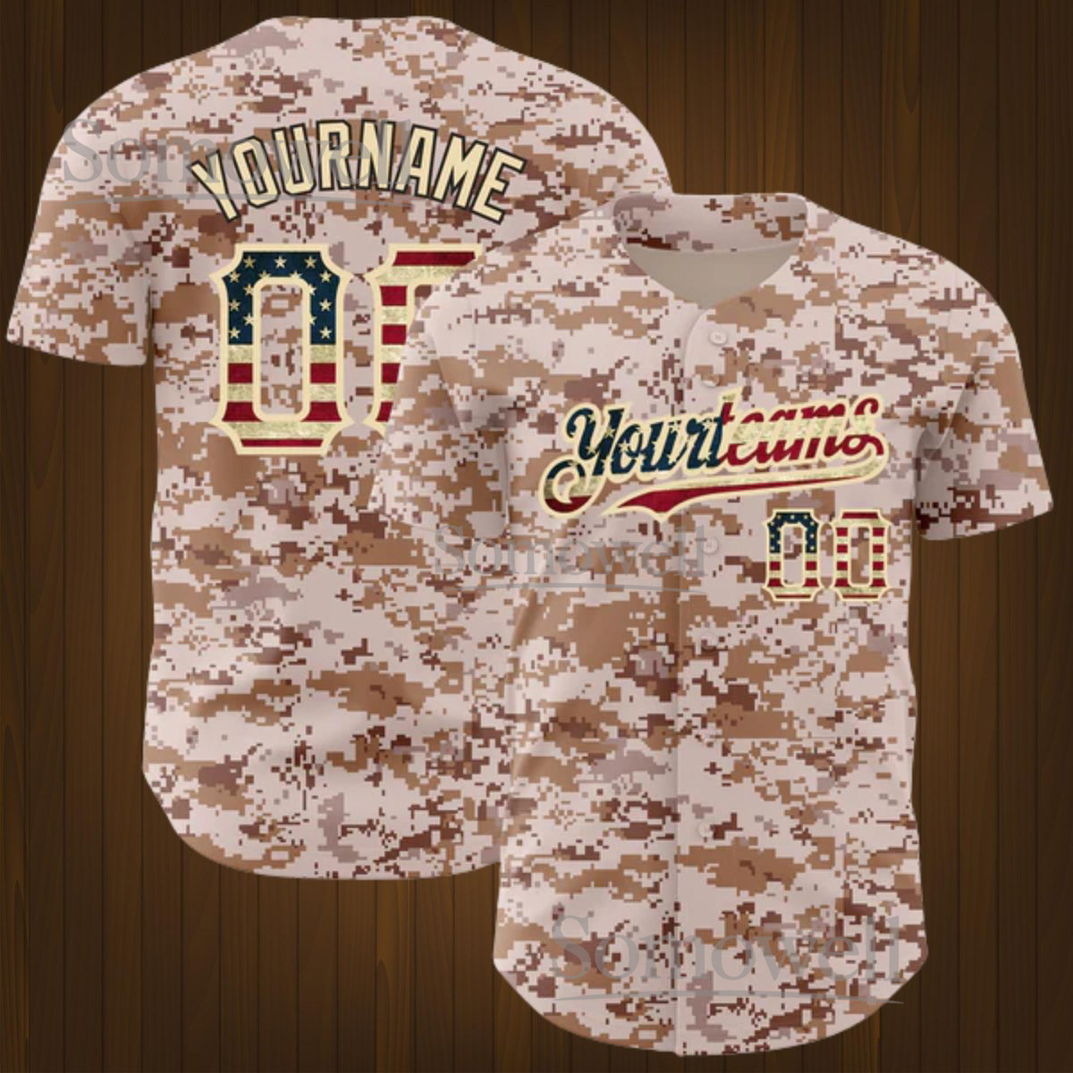 Custom Desert Camo Baseball Jersey Personalized Team Name and Number with American Flag Letters