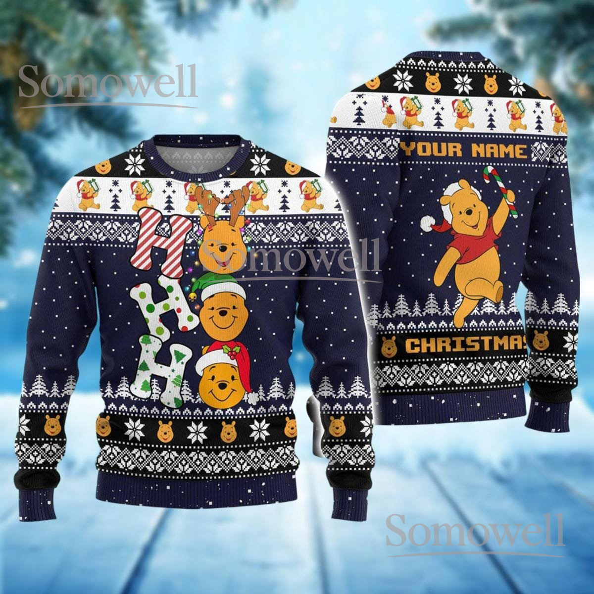 Winnie The Pooh Christmas Navy Ugly Sweater Ho Ho Ho Funny Custom Name Holiday Knit Jumper