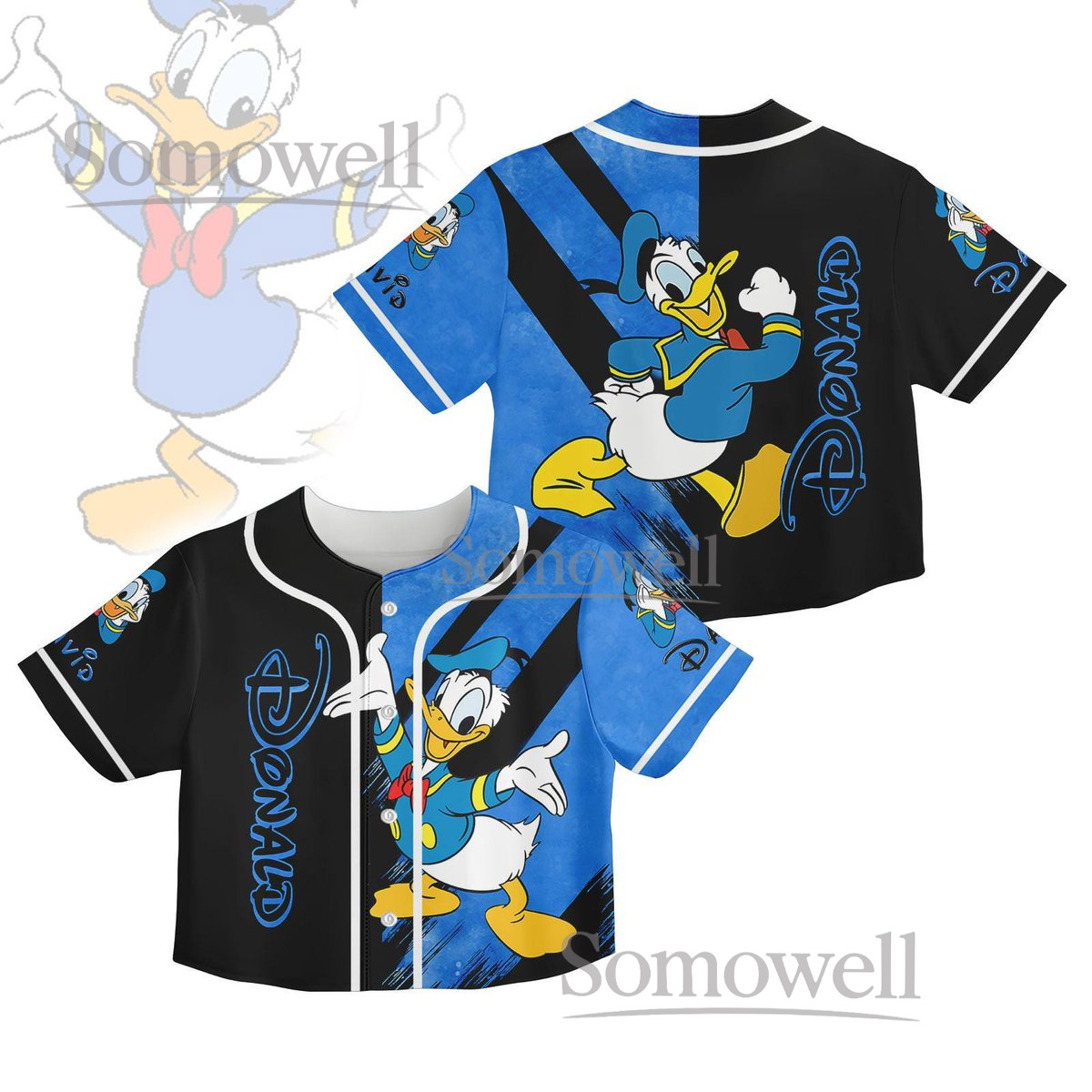 Donald Duck Baseball Jersey Shirt Blue Black Split Design Funny Cartoon Crop Top Gift