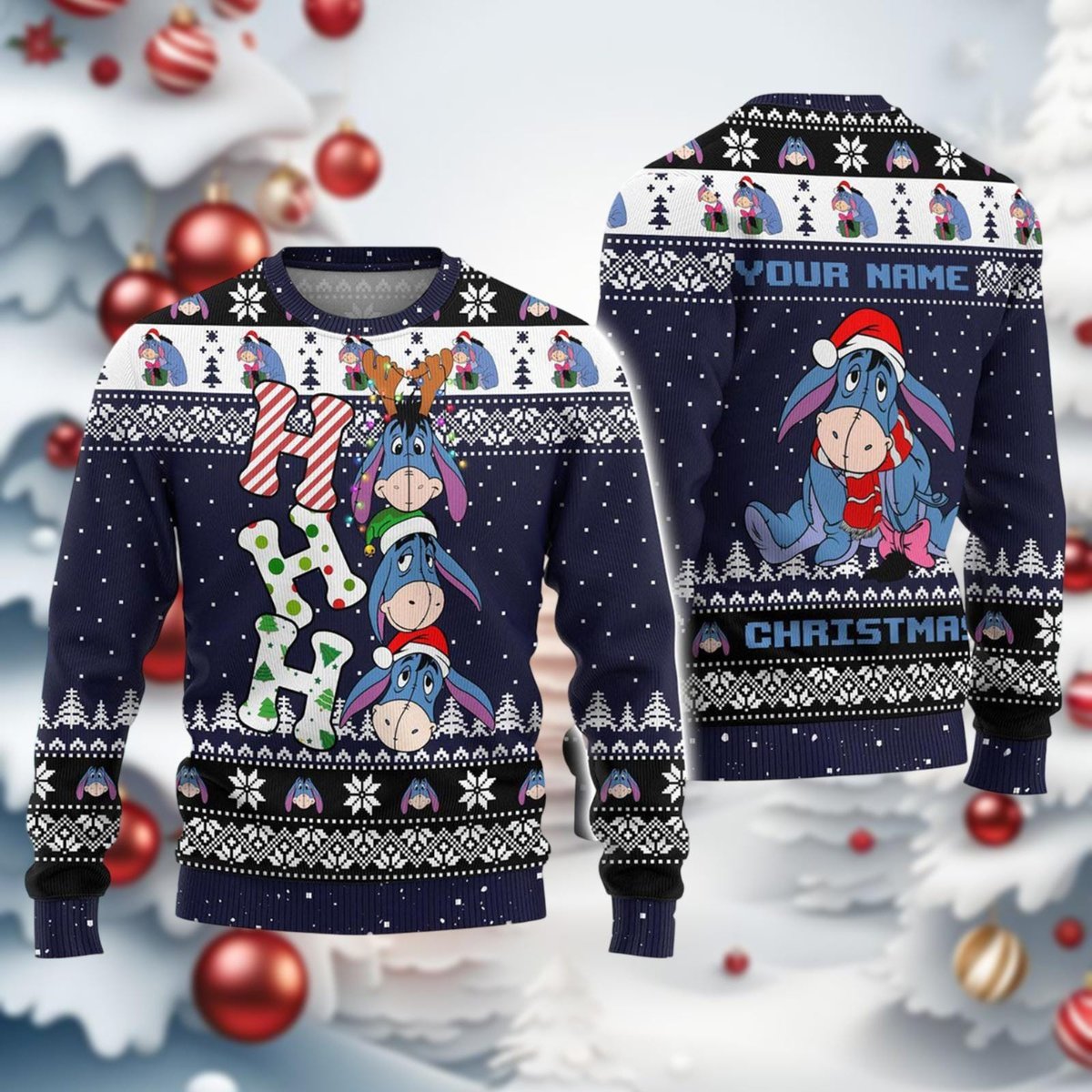 Eeyore Blue Christmas Ugly Sweater Cute Donkey Ho Ho Ho Holiday Knit Jumper