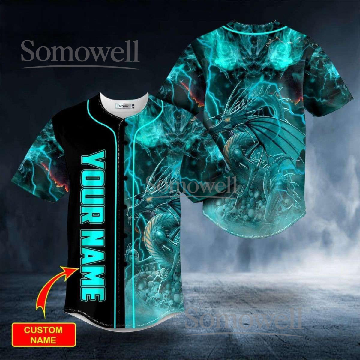 Custom Electric Blue Dragon Fantasy Baseball Jersey Design with Custom Team Name and Number