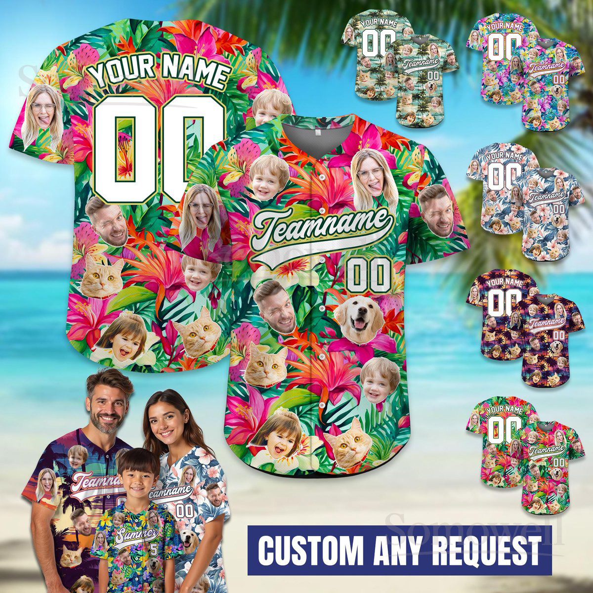 Custom Face Hawaiian Baseball Jersey Personalized Team Name Number Tropical Vacation Style Multi Color Edition