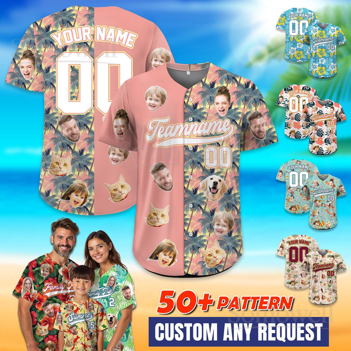 Custom Face Hawaiian Baseball Team Jersey Personalized Name Number Tropical Pattern Gift Multi Color Edition
