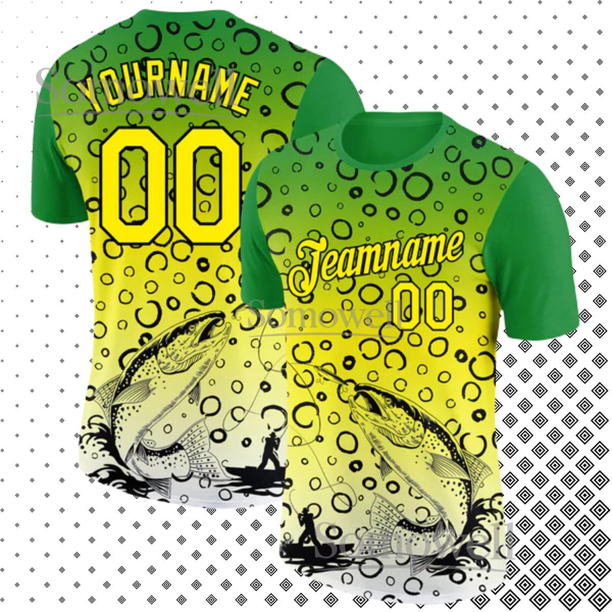 Custom Fishing Jersey Personalized Angler T Shirt Design in Green and Yellow Theme with Team Name and Number