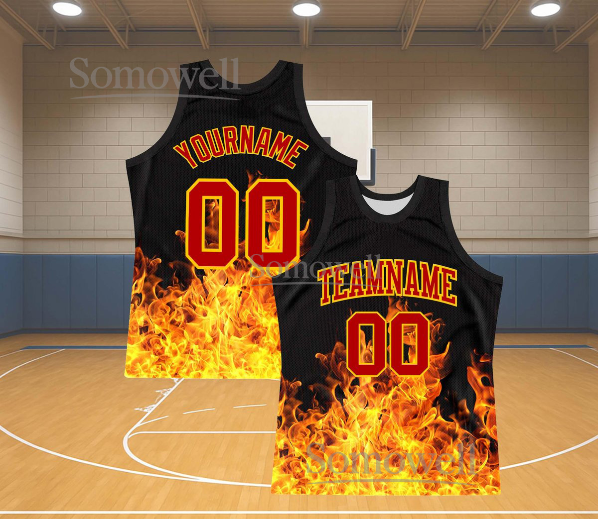 Custom Flame Basketball Jersey Black Yellow Fire Print Personalized Team Name Number Sleeveless Top