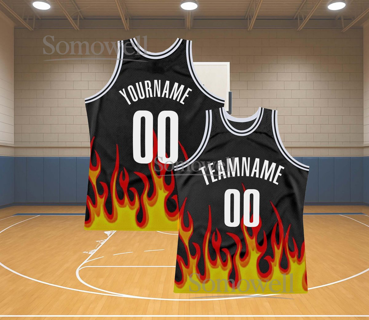 Custom Flame Basketball Jersey with Personalized Team Name and Number Available in Multiple Colors