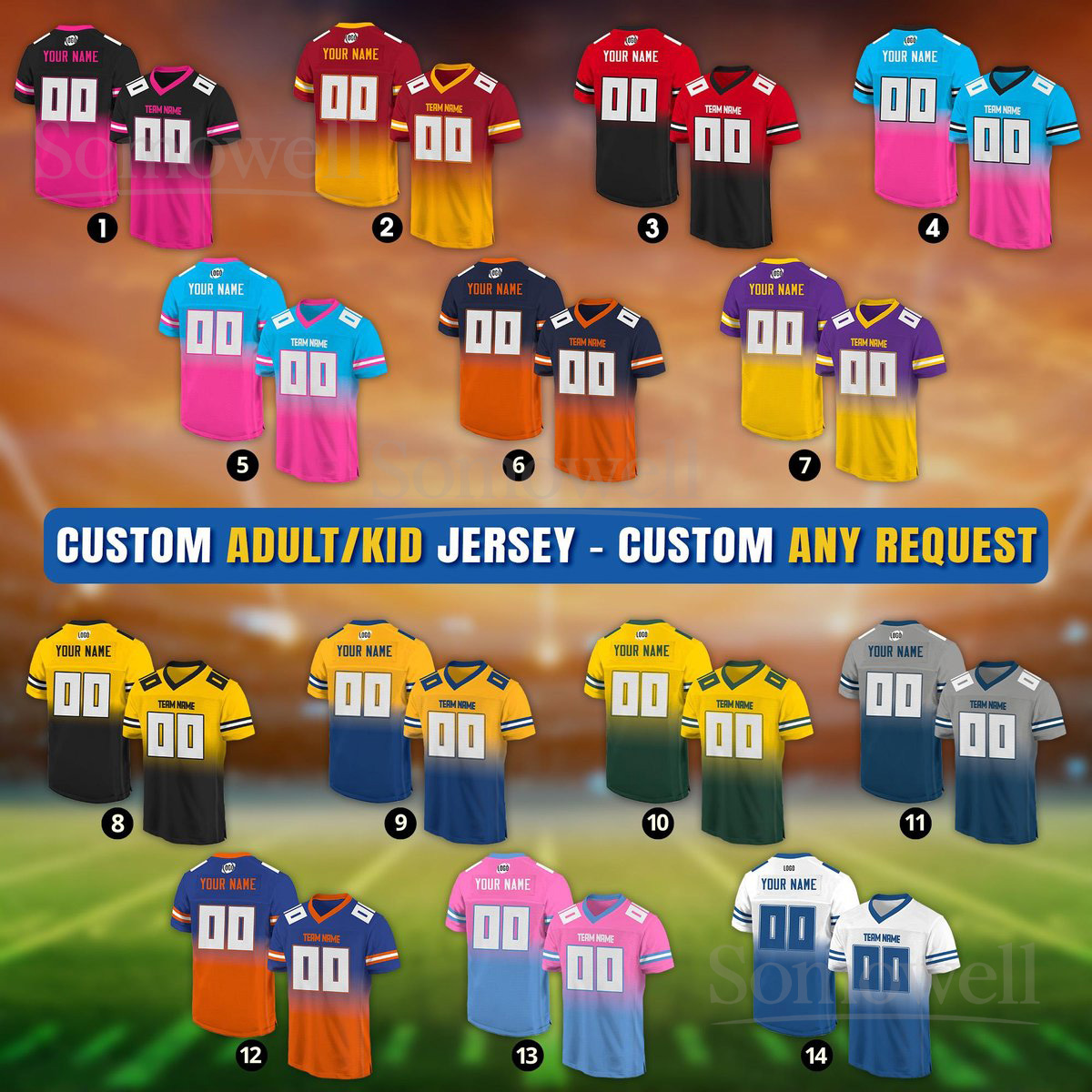 Custom Football Jersey for Men Women Youth Kid Personalized Team Name Number Gradient Style Sportswear Multi Color Edition