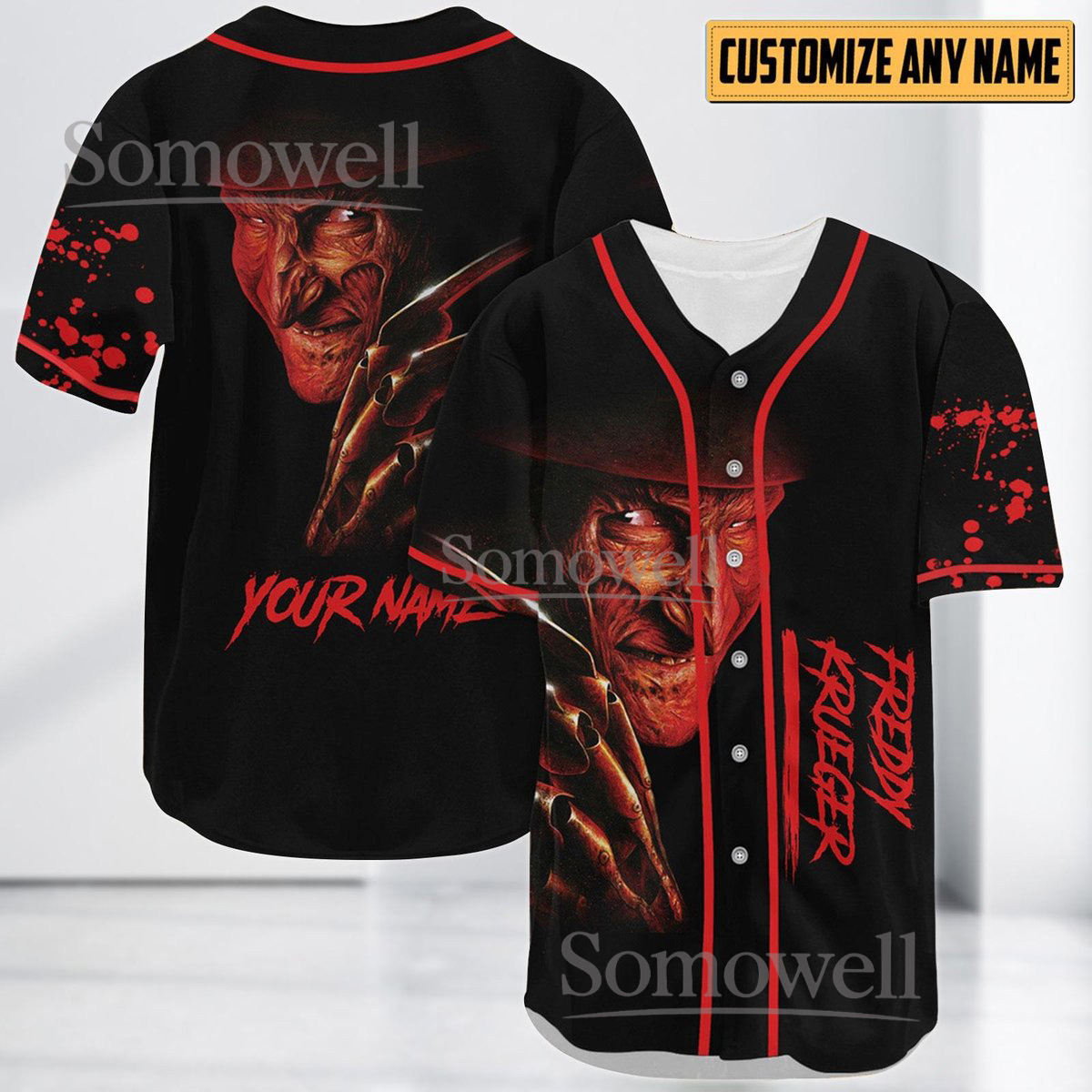 Custom Freddy Krueger Baseball Jersey with Horror Movie Theme, Personalized Name and Team Number