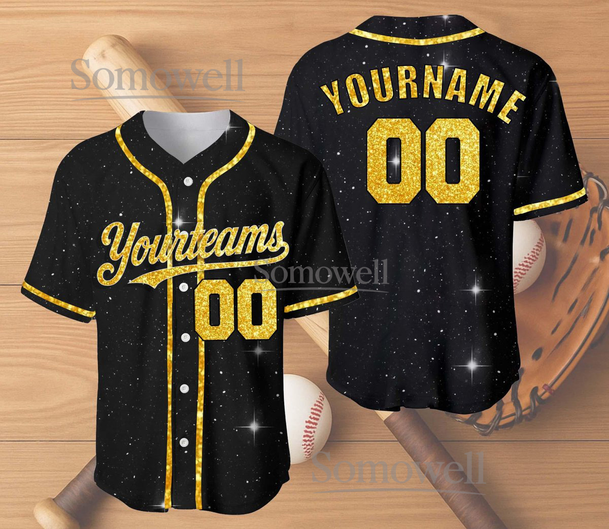 Custom Glitter Baseball Jersey Black Gold Sparkle Edition Available in Multiple Sizes