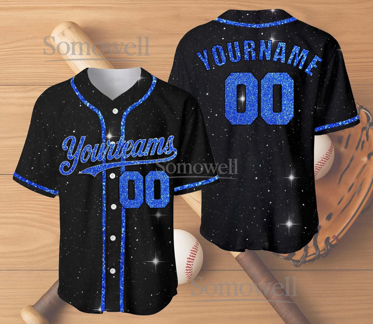 Custom Glitter Baseball Jersey Black Blue Sparkle Personalized Team Name and Number Edition
