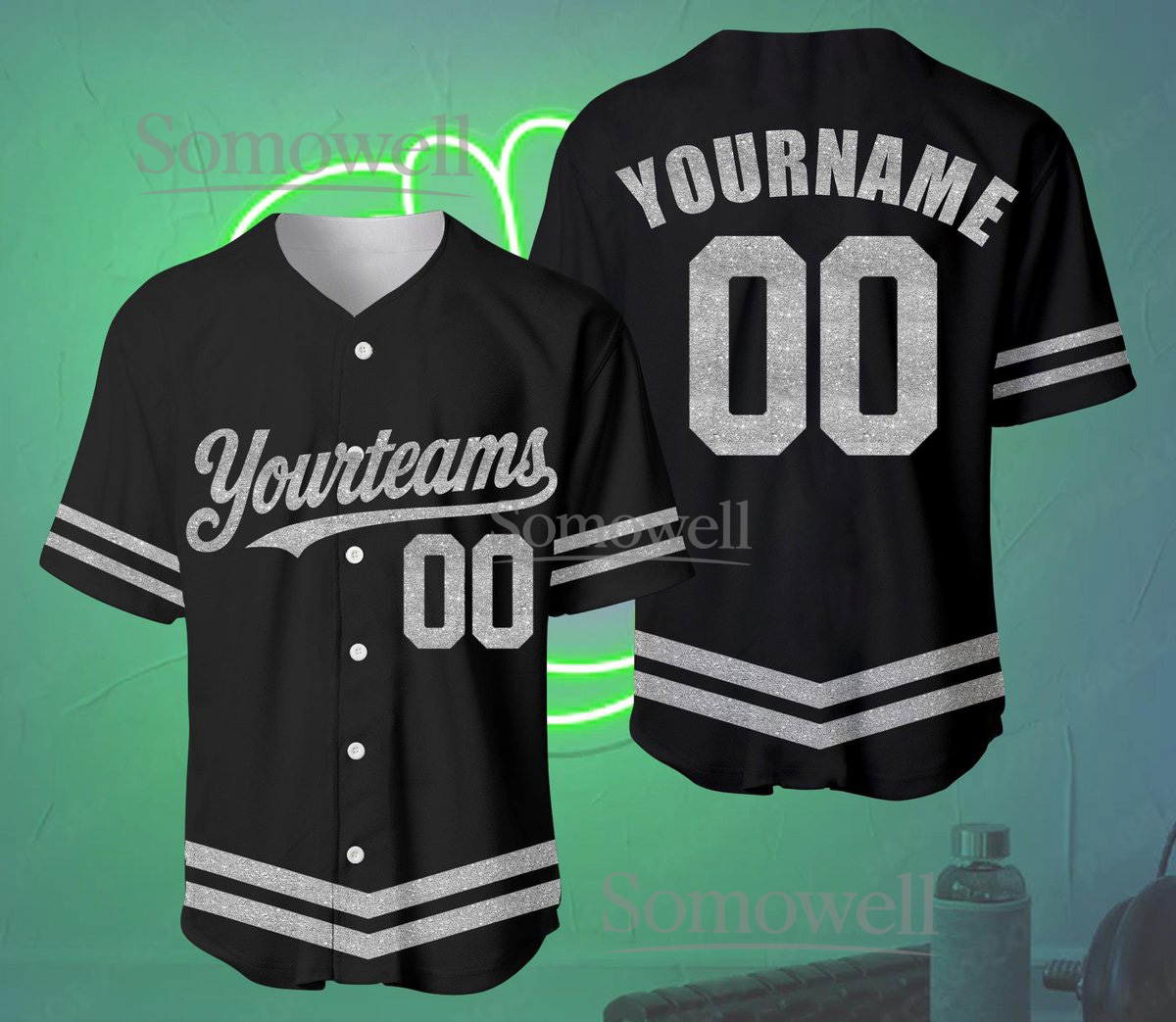 Custom Glitter Baseball Jersey Black Silver Sparkle Personalized Team Name Number Shirt