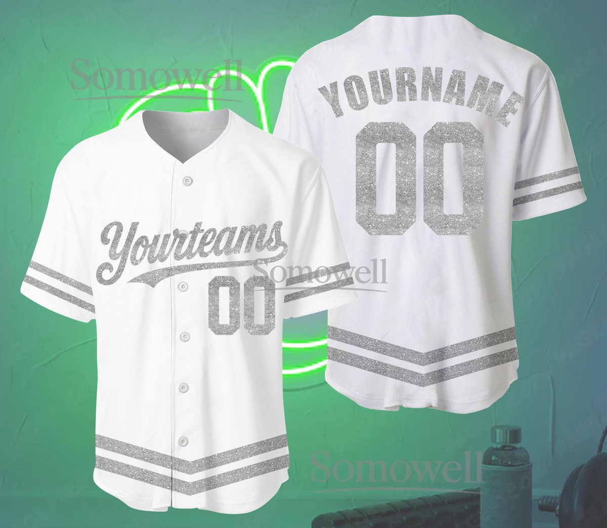 Custom Glitter Baseball Jersey White Silver Sparkle Personalized Team Name and Number Edition for All Ages