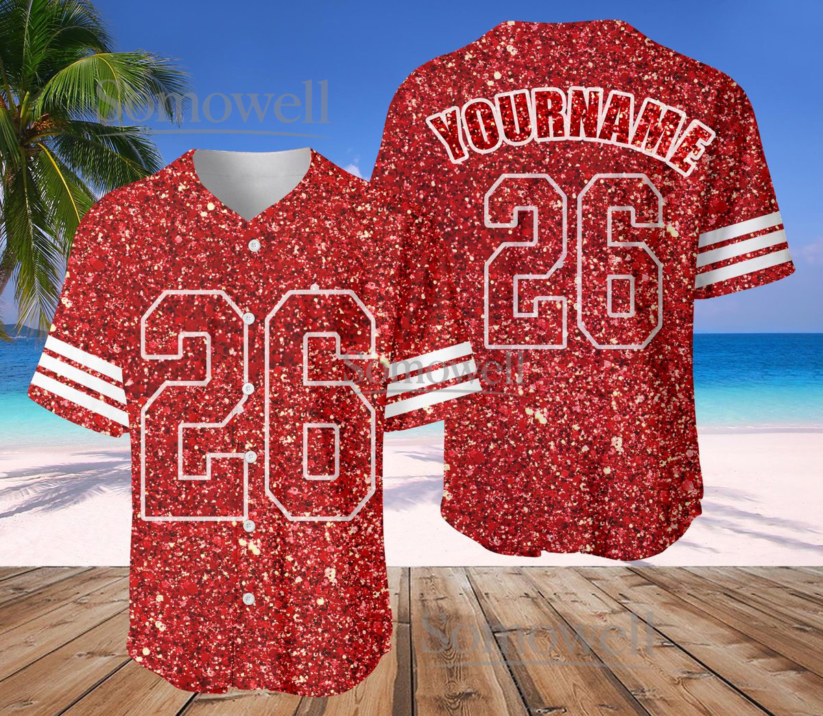 Custom Glitter Baseball Jersey Red White Sparkle Personalized Team Name Number Shirt