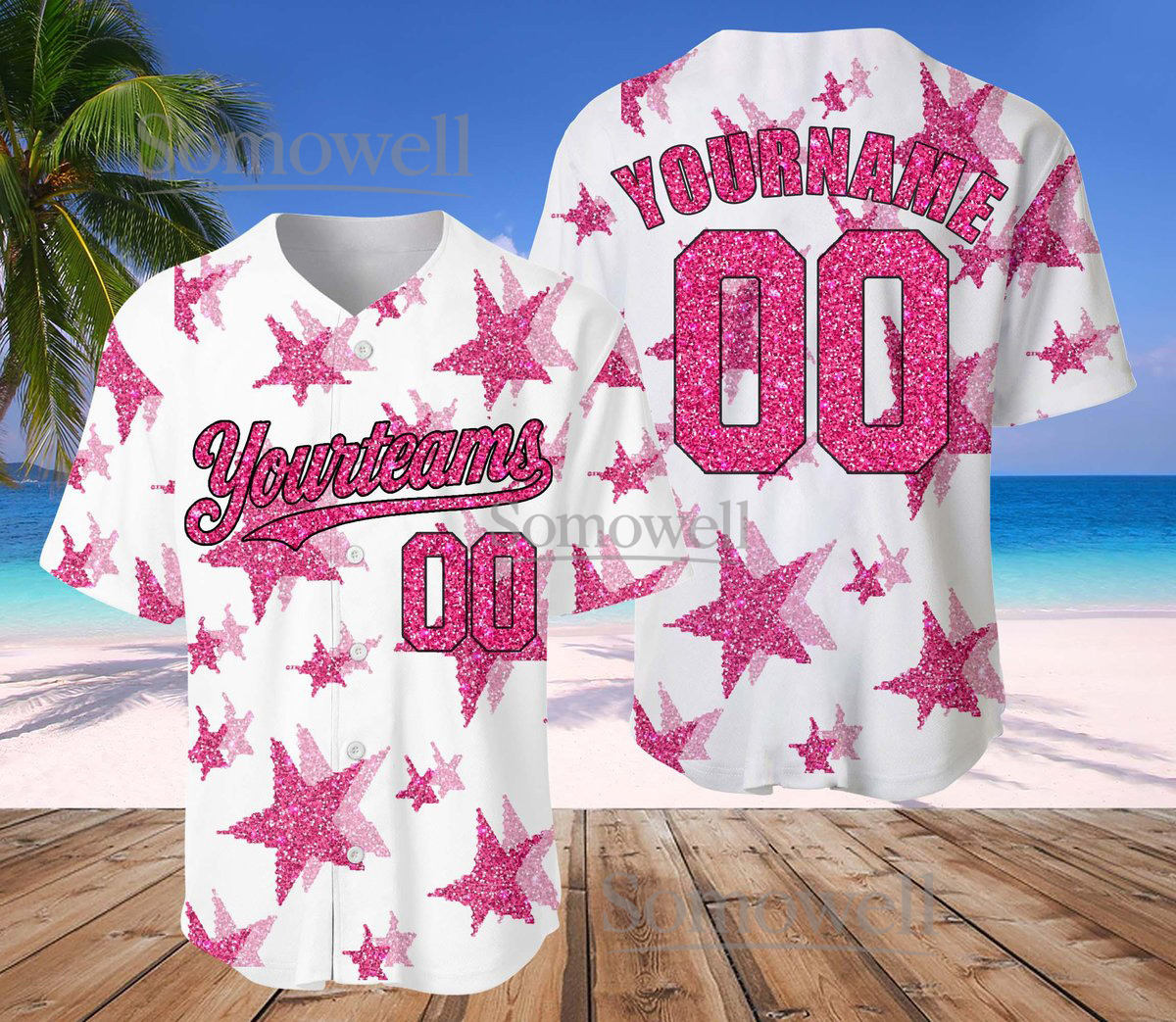 Custom Glitter Baseball Jersey Team Name Number White Pink Star Edition Available in Multiple Colors