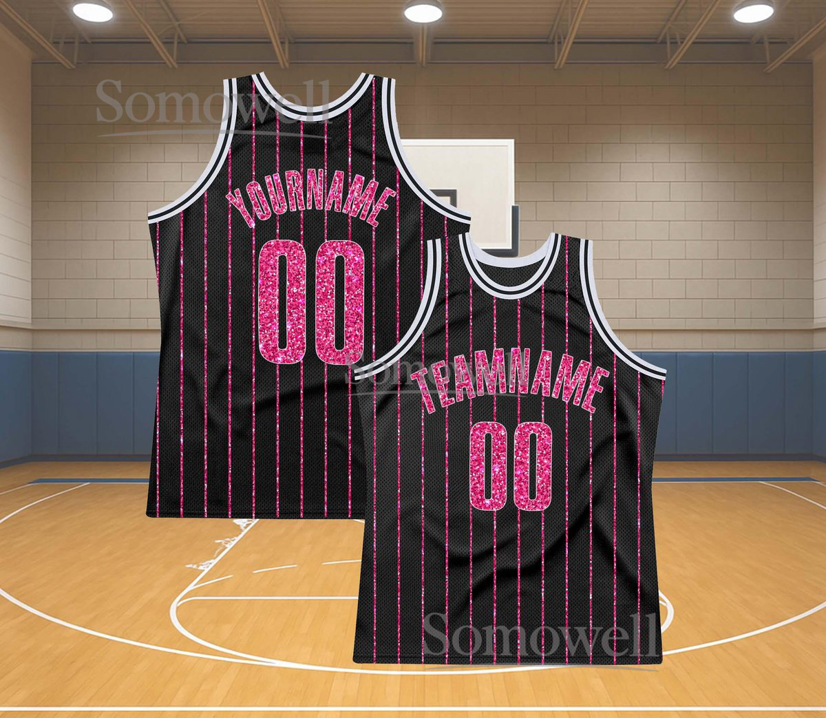 Custom Glitter Basketball Jersey Black Pink Pinstripe Personalized Team Name and Number Edition for Players