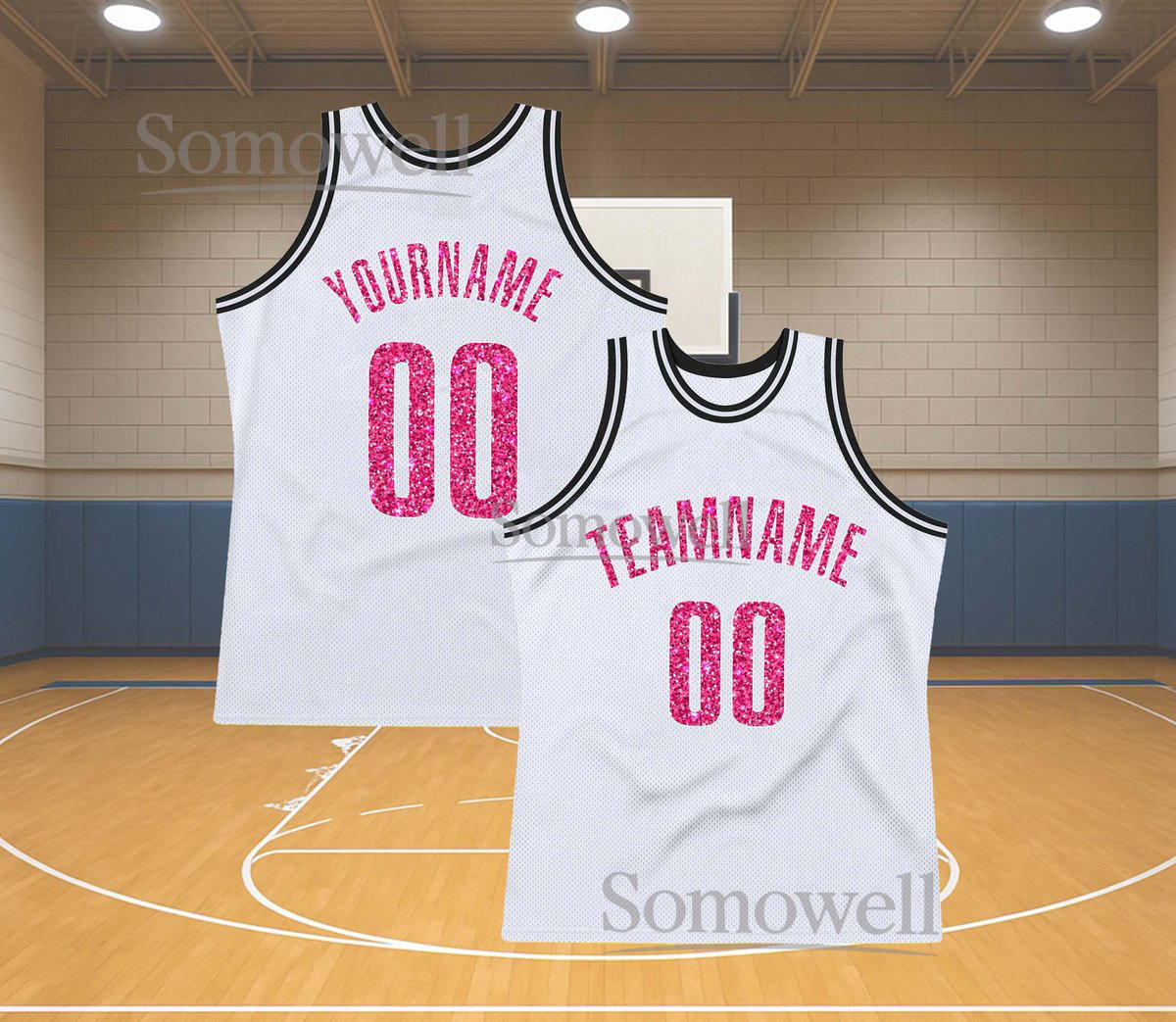 Custom Glitter Basketball Jersey Team Name Number White Pink Sparkle Edition Available in Multiple Colors