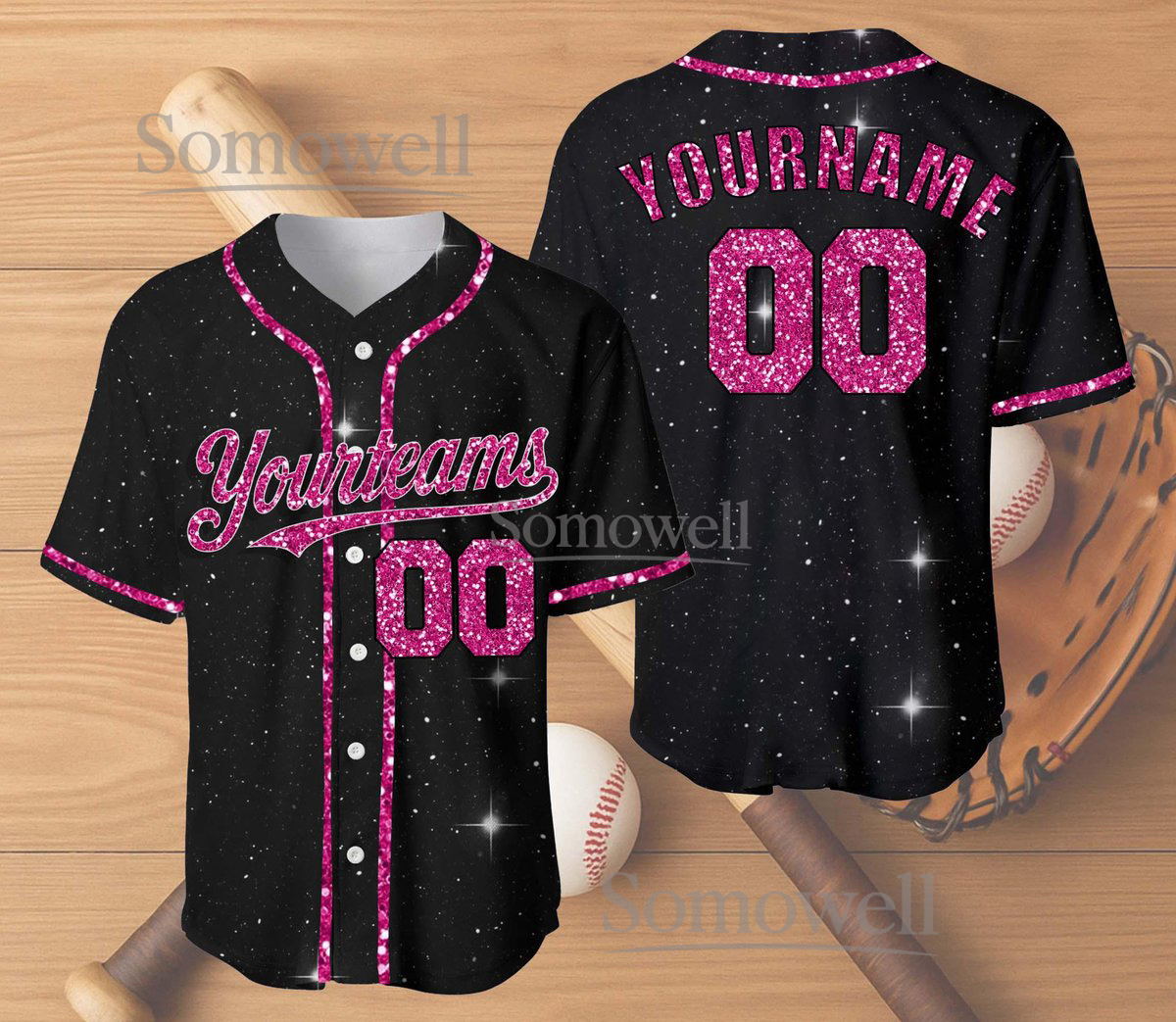 Custom Glitter Baseball Jersey Team Name Number Black Sparkle Edition Available in Multiple Colors