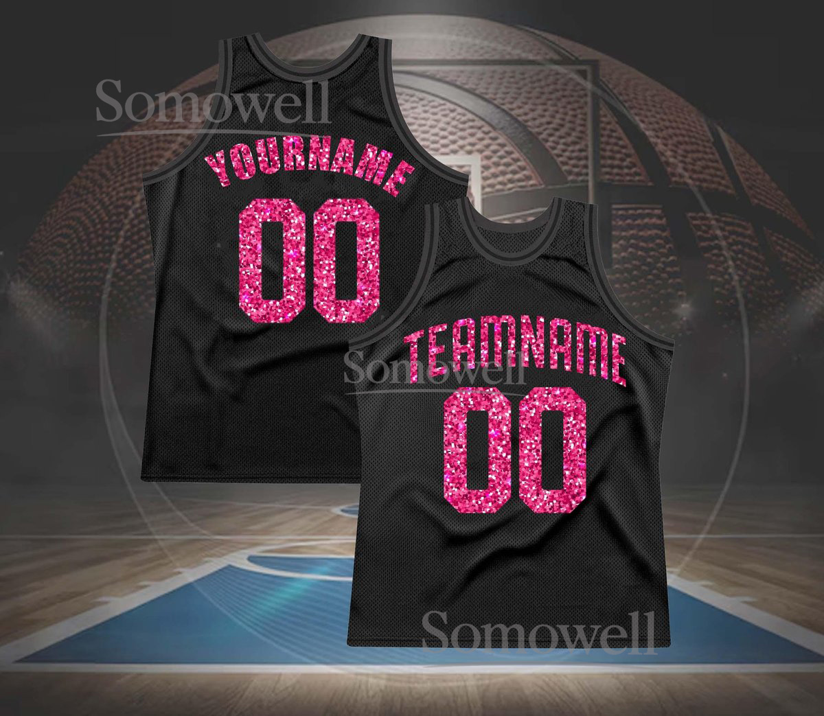 Custom Glitter Basketball Jersey Black Pink Sparkle Personalized Team Name and Number Edition