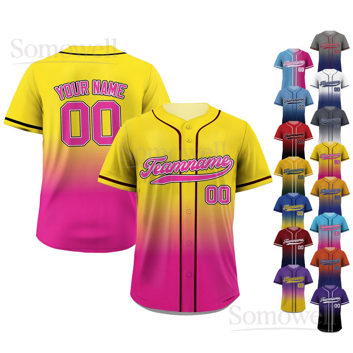 Custom Gradient Baseball Jersey with Teamname Name Number Yellow Pink in Multiple Colors