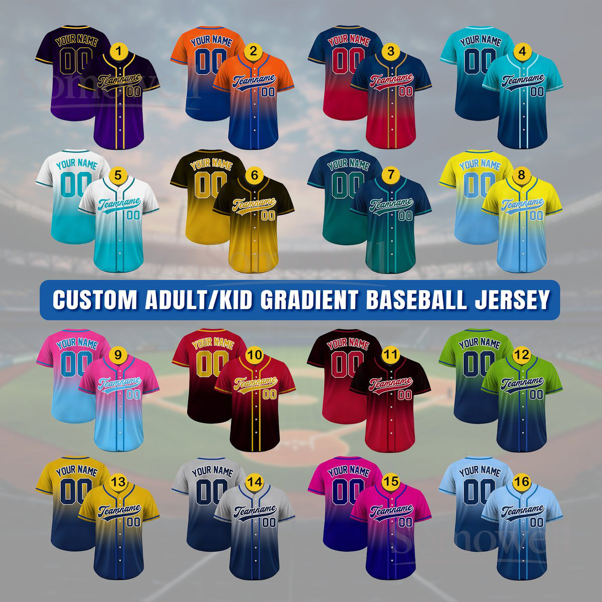 Custom Gradient Baseball Jersey Personalized Teamname Name Number Sports Uniform Multi Color Edition
