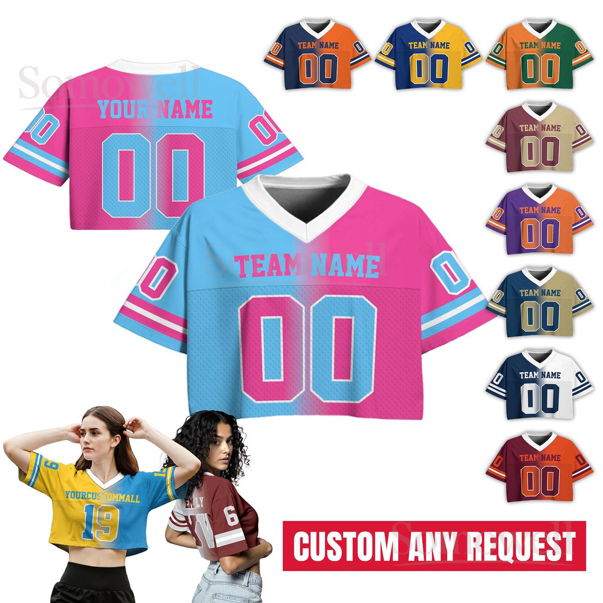 Custom Gradient Football Crop Jersey for Women Girl Personalized Team Name Number Stylish Game Day Top Multi Color Edition