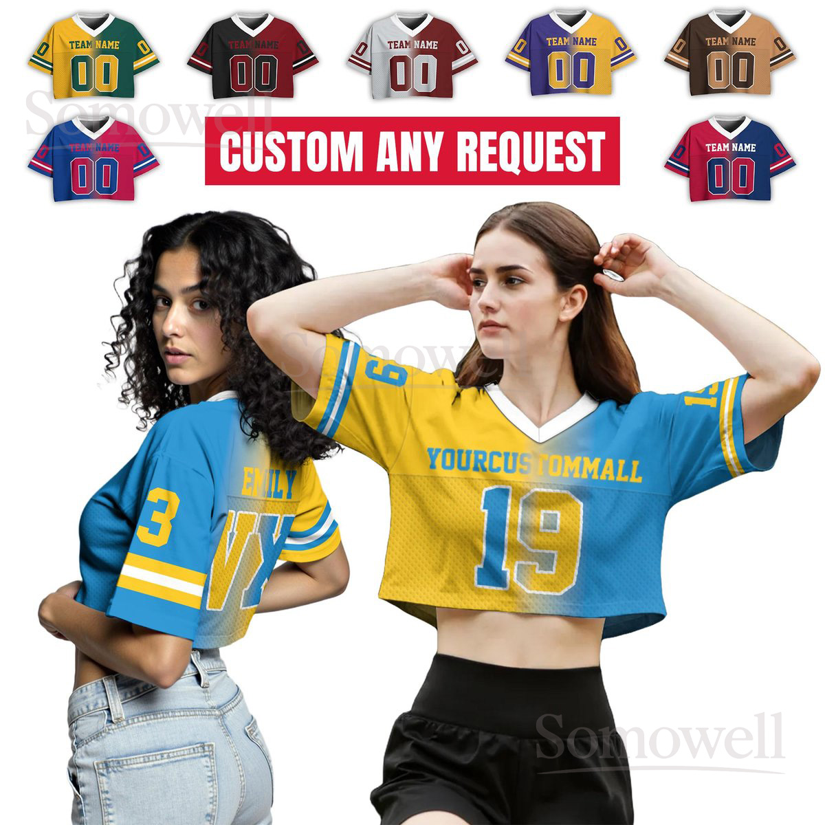 Custom Gradient V Neck Football Crop Top Jersey Many Colors Personalized Team Name Number
