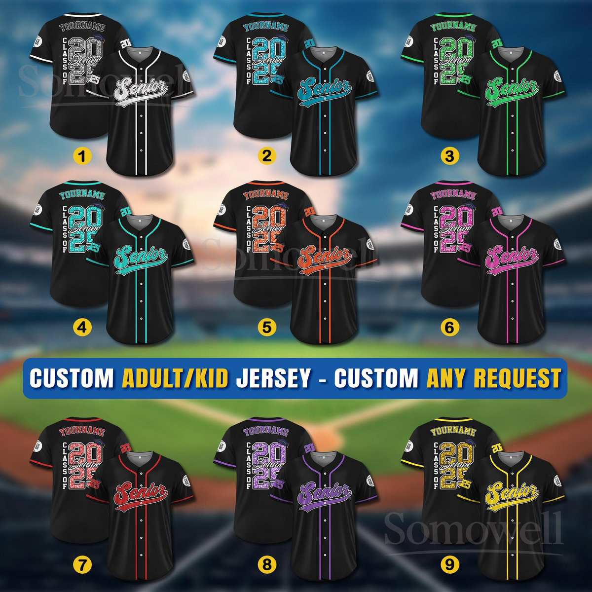Custom Graduation Jersey Shirt for Adult and Kids Personalized with Team Name and Number in Multiple Colors