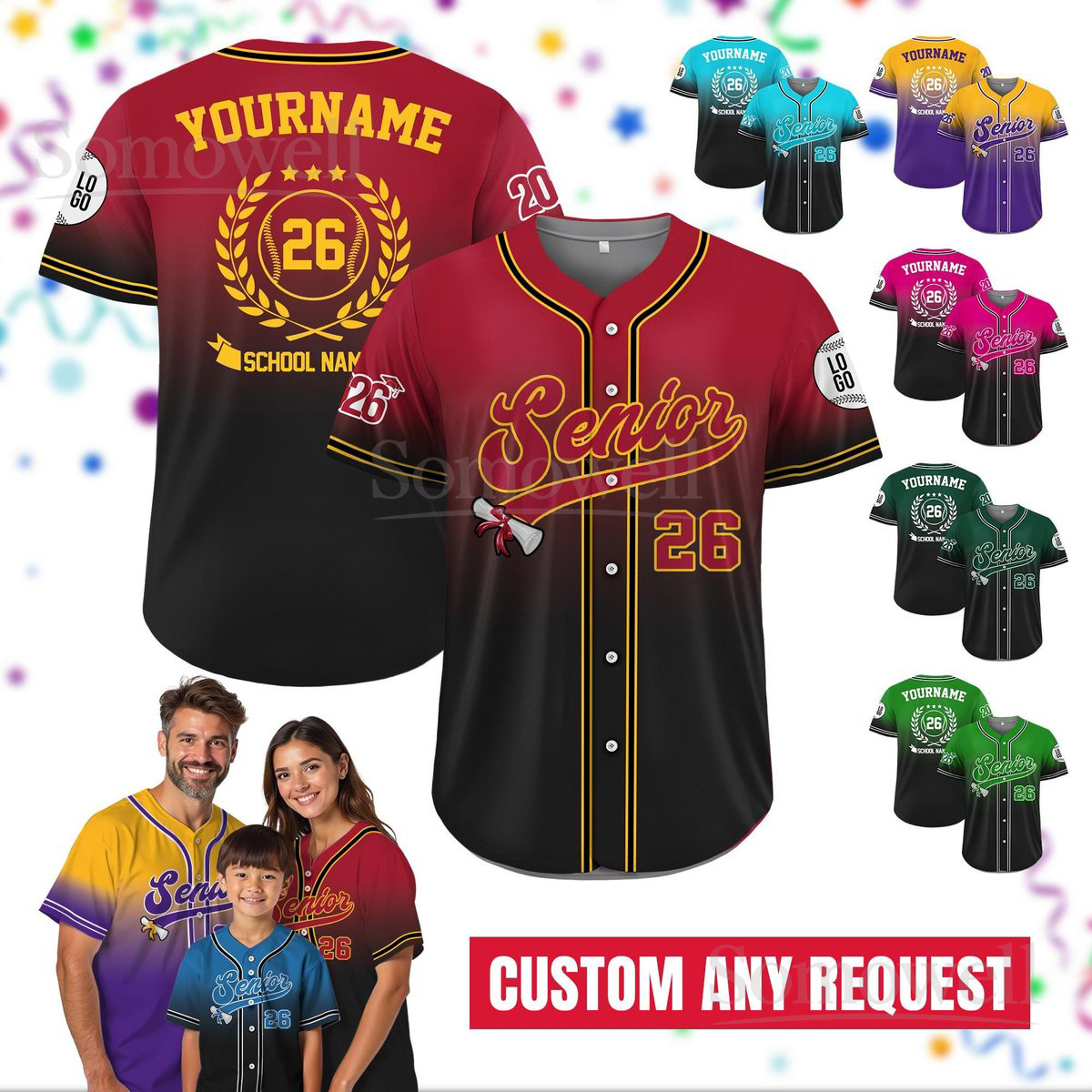 Custom Graduation Senior 2026 Baseball Jersey Personalized School Name Multi Color Edition