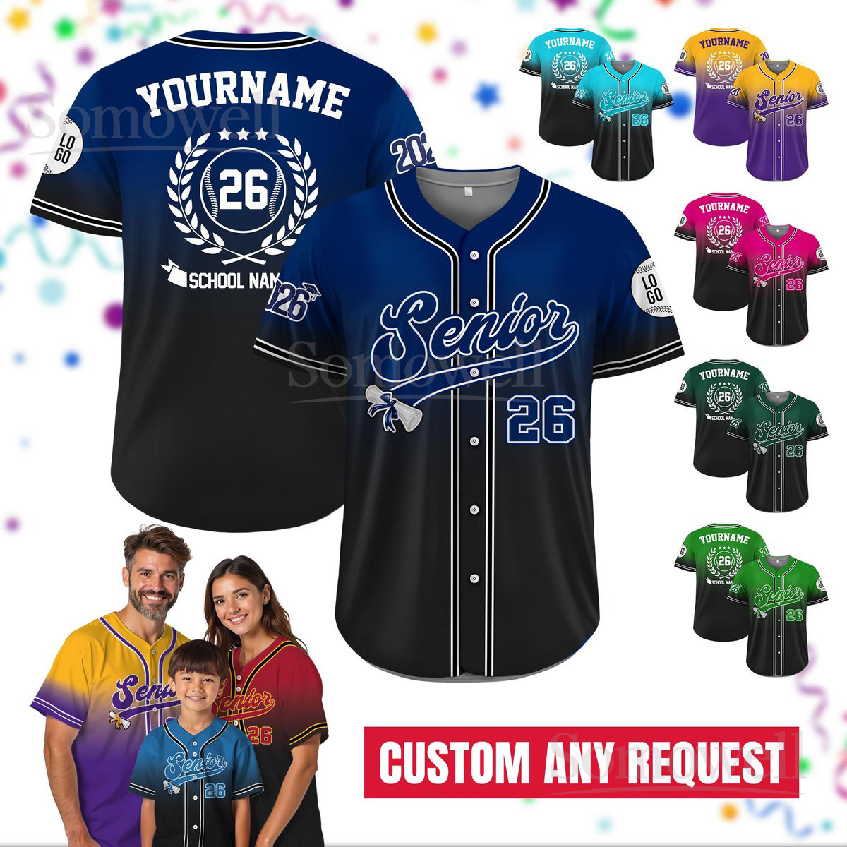 Custom Senior 2026 Graduation Baseball Jersey Personalized School Name and Class Colors Edition