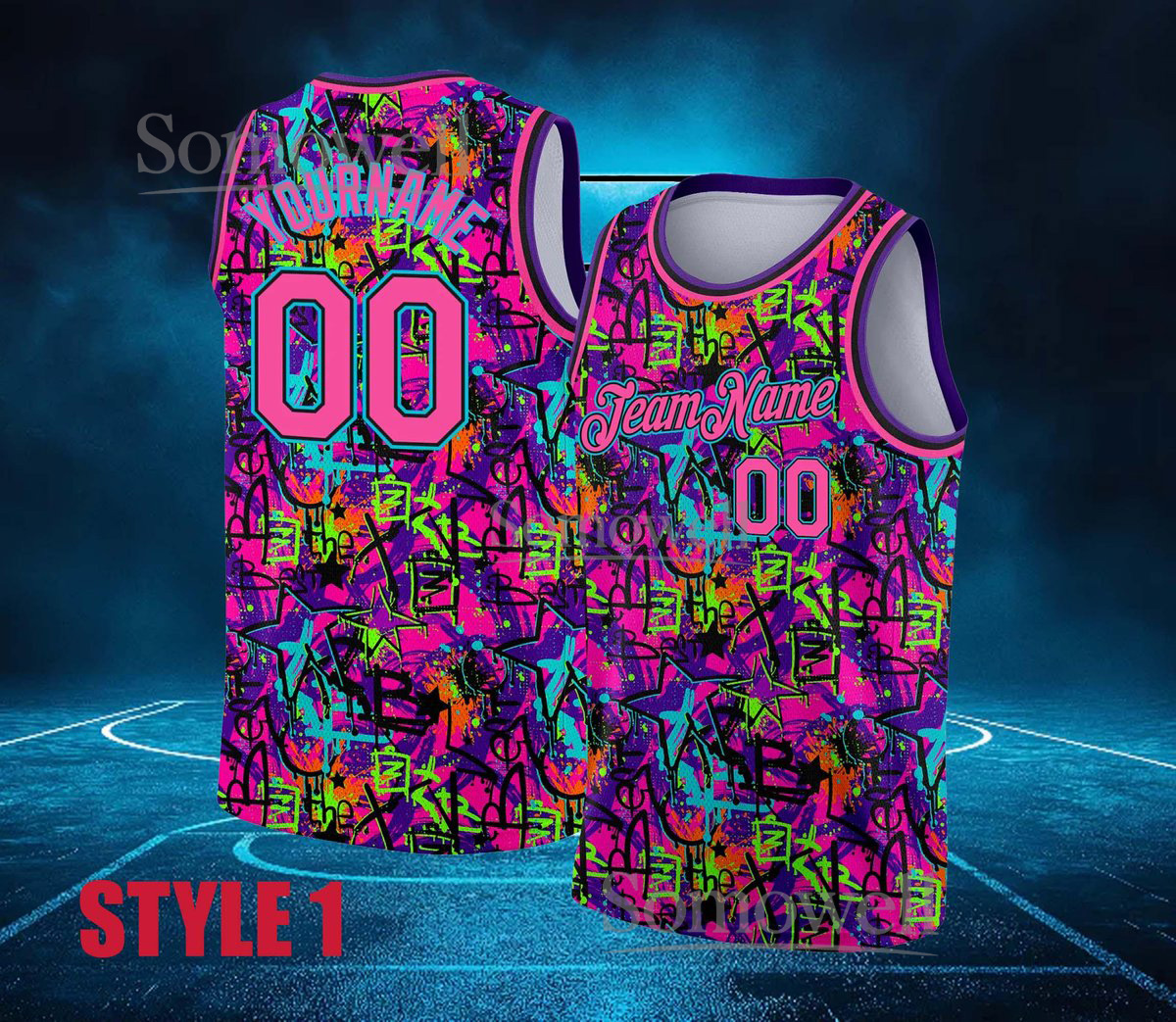 Custom Graffiti Basketball Jersey Multicolor Neon Paint Street Art Personalized Team Name Number Sleeveless Top