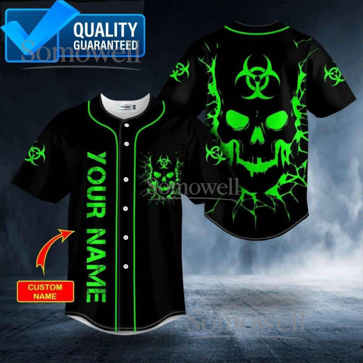 ustom Green Biohazard Skull Baseball Jersey Gothic Streetwear Design with Custom Team Name and Number
