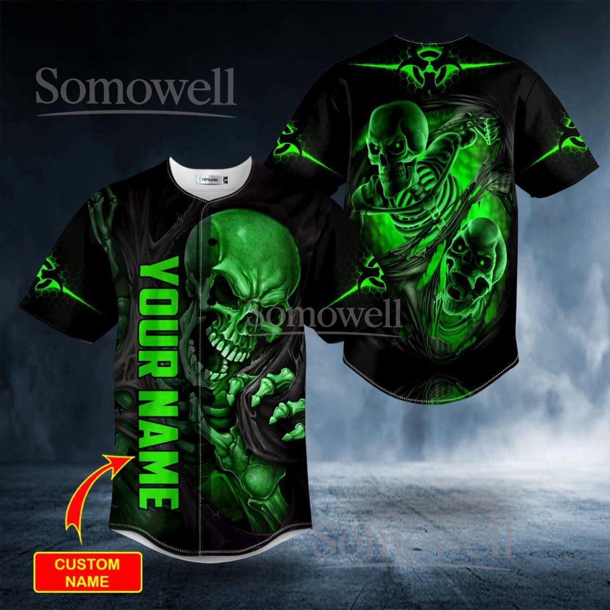 Custom Green Skull Neon Biohazard Baseball Jersey Skeleton Design with Custom Team Name and Number