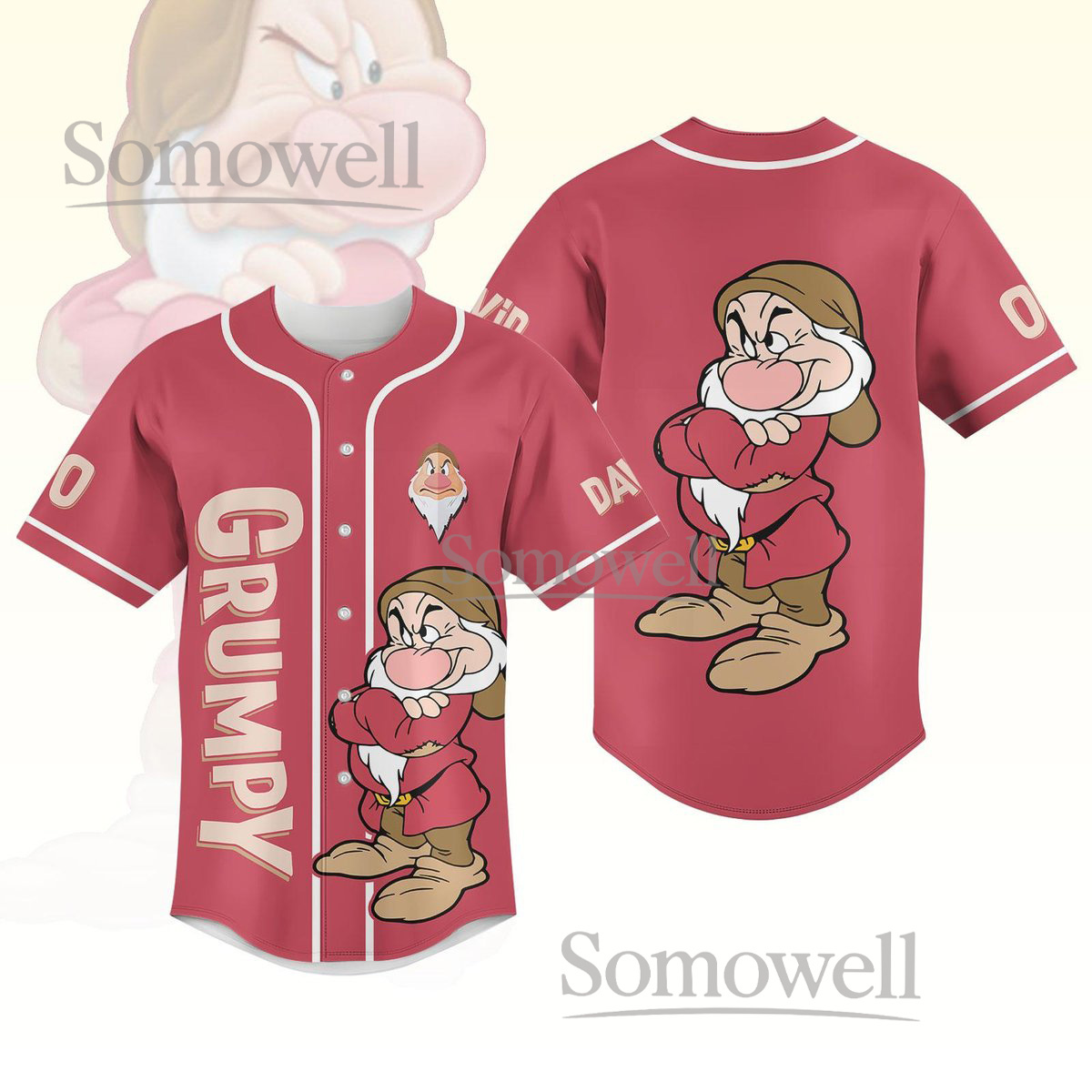 Custom Grumpy Dwarf Baseball Jersey Shirt Red Cartoon Character Disney Personalized Gift