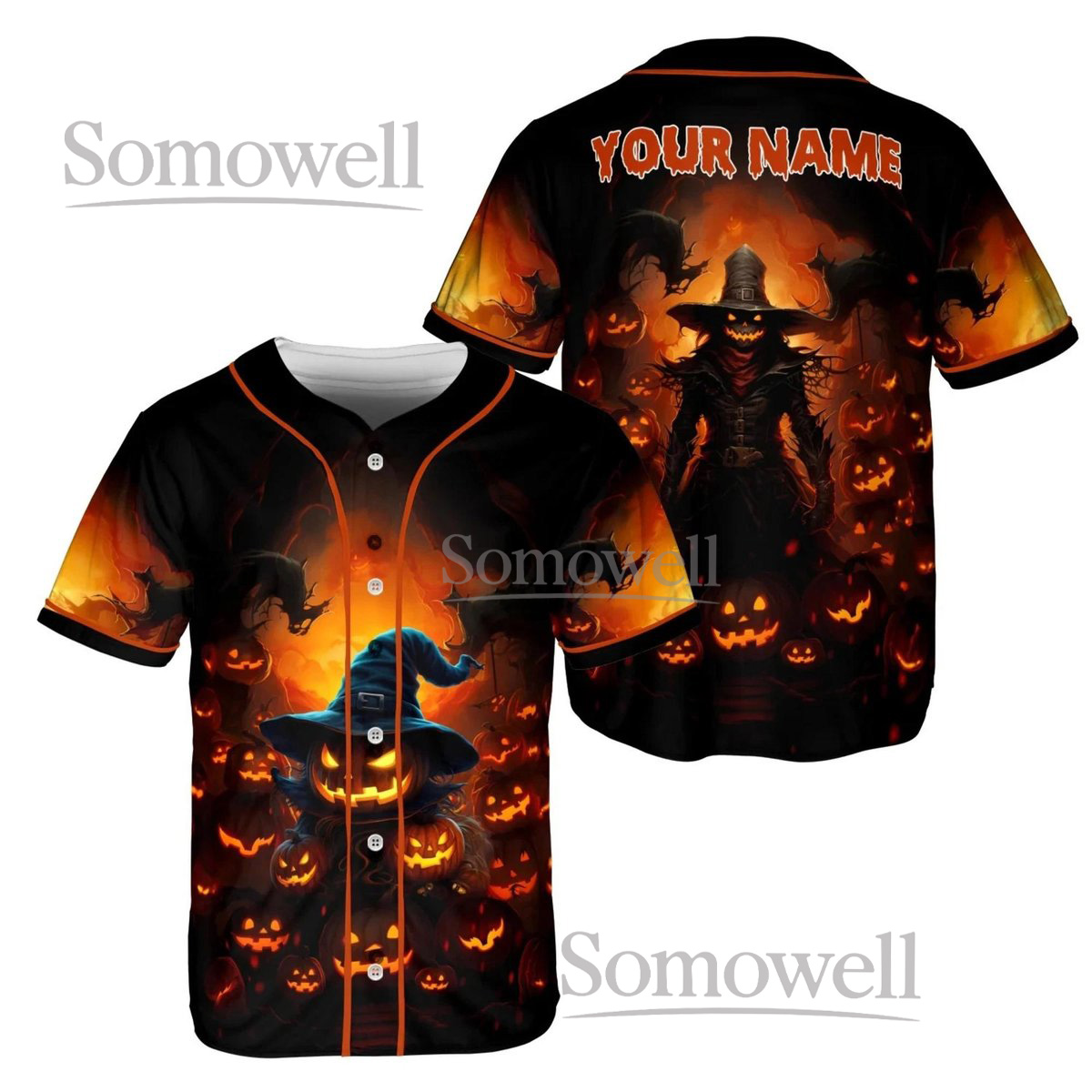 Personalized Halloween Witch Baseball Jersey with Custom Name and Number, Scary Pumpkin Design