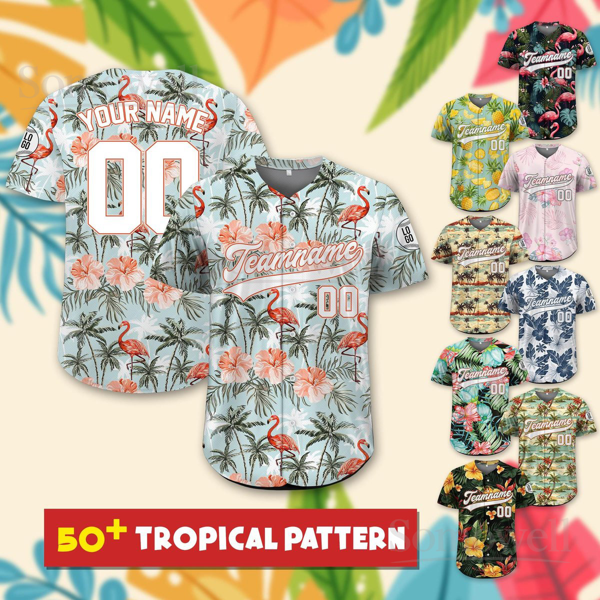 Custom Hawaiian Baseball Jersey Floral Tropical Print Personalized Team Name Number and Logo